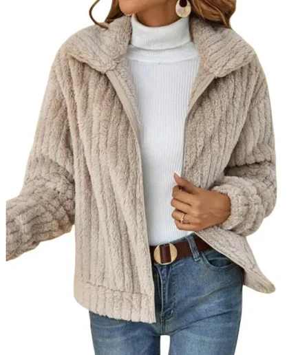 Fashion Women's Fleece Sherpa Jackets Autumn Winter Ladies Warm Long Sleeve Lapel Zip up Outwear Coat With Pocket
