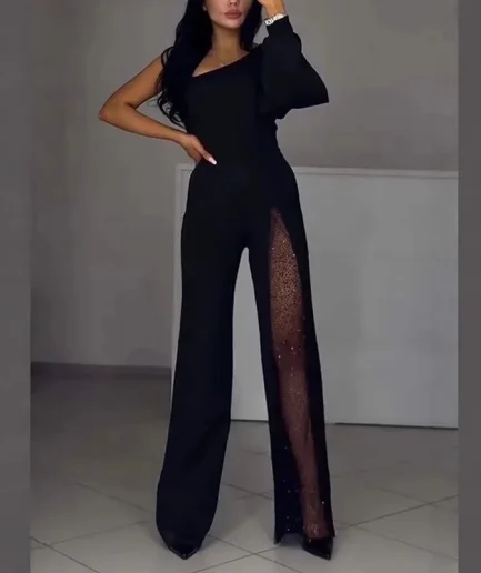New Women One Shoulder Sleeve Romper Elegant Mesh Long Pants Playsuits Sexy Asymmetrical High Waist Party Jumpsuit