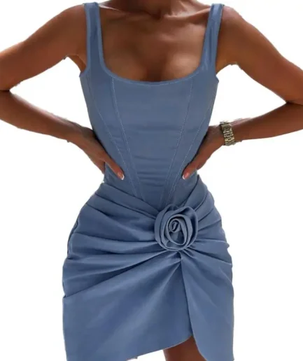Women Fashion Floral Blue Color Dress Sleeveless Summer Outwears for Lady Slim Irregular Dress for Women