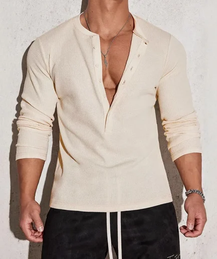 Men's Henley Polo Shirt Solid Half Button-up Round Neck Stretchy Long Sleeve Polo Shirt Casual Fall Streetwear for Men
