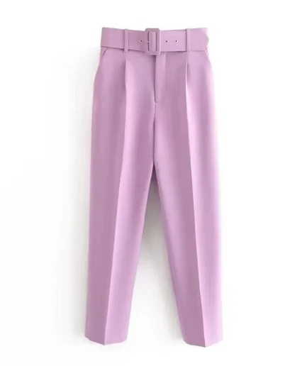 Women Fashion With Belt Side Pockets Office Wear Pants Vintage High Waist Zipper Fly Female Ankle Trousers Pants