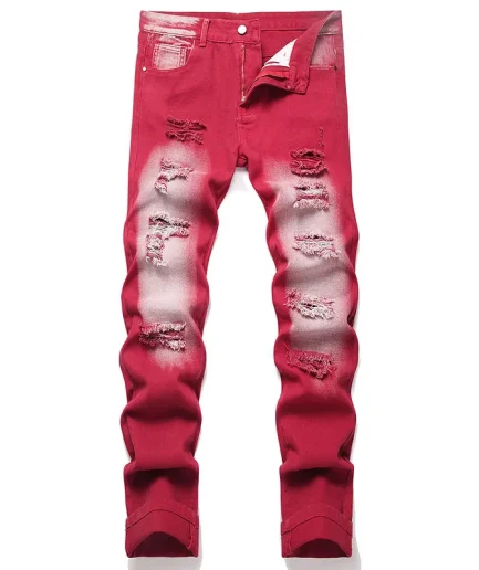 New Mens Fashion Slim Fit Straight Jeans Retro Style Hip Hop Hole Pants Street Straight Red Men Jeans