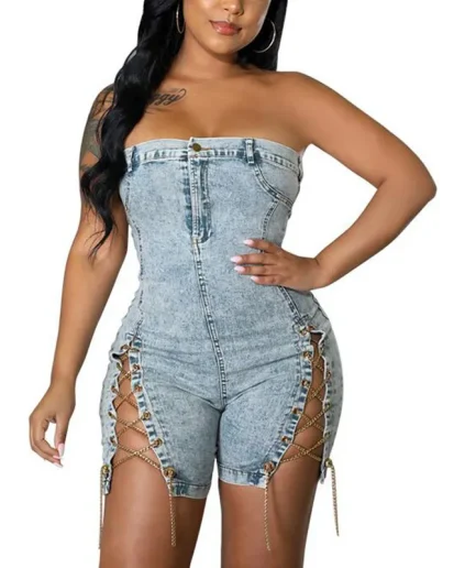 Women One Piece Elegant Splice Denim Jumpsuits Sexy Slim Fit Strapless Sleeveless Short Pants Sheath Playsuits