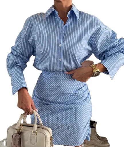 Office Stripe Shirt Dresses Women Lapel Long Sleeve Single Breasted Split Dress Spring Summer High Street Lady Vestido